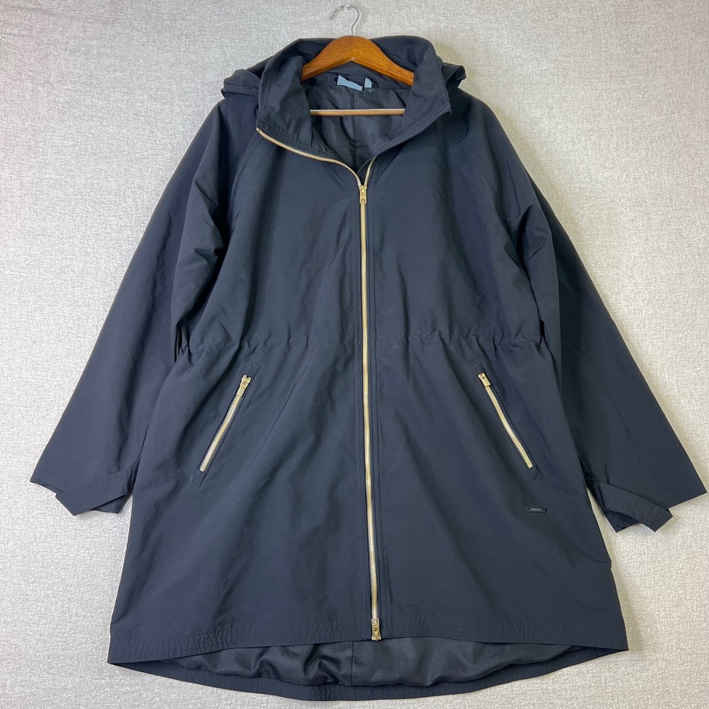 Athleta Misty Rain Jacket XL Womens Black Hooded Parka Gold Zip Drawstring Waist